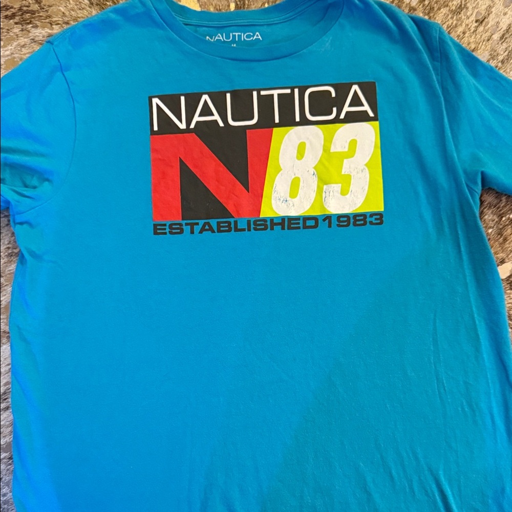 Nautica Blue Graphic Tee with Red and Yellow Accents